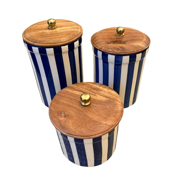 Blue & Cream Hand Painted Striped Ceramic Canister Set of 3  Made in India NEW - Picture 3 of 16
